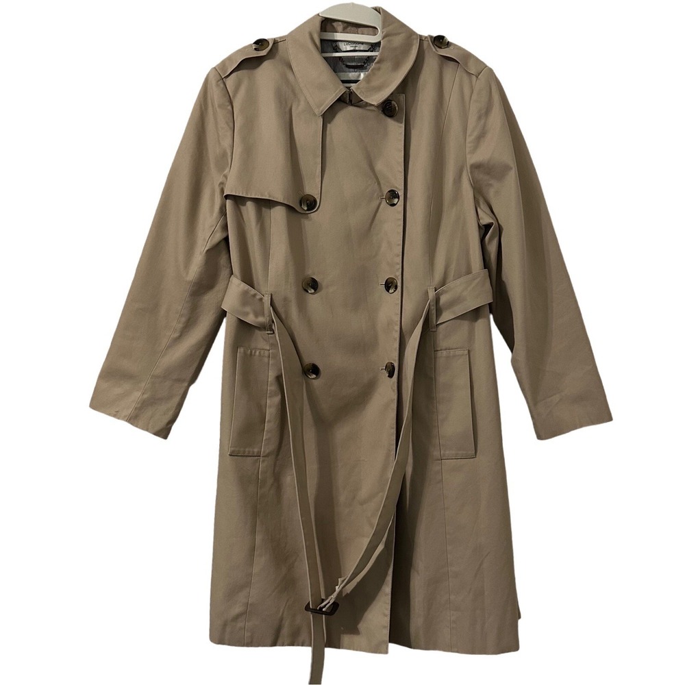Liz Claiborne New York Double Breasted Trench Coat‎ XL Khaki Belted Minimalist - Picture 2 of 6
